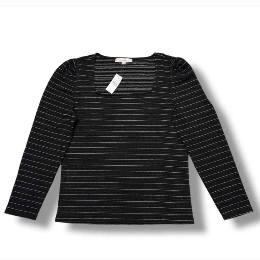 LOFT Black Sparkle Puff Sleeve Square Neck Top NWT